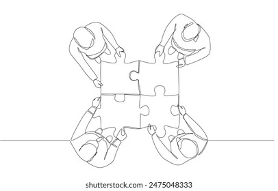 Continuous one line drawing of business people connecting jigsaw puzzle, working together, teamwork to solve problem concept, single line art.