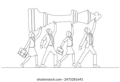 Continuous one line drawing of business people carrying chess piece forward, business team strategy to success concept, single line art.
