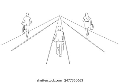 Dibujo continuo de una línea de personas de negocios que corren de diferentes caminos en un camino unificado, socios de negocios conjuntos, concepto de trabajo conjunto, arte de una sola línea.