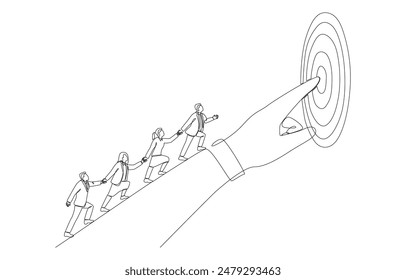 Continuous one line drawing of business people walk following big pointing hand toward target, leadership to guide team direction concept, single line art.