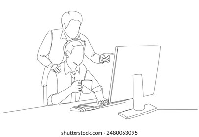 Continuous one line drawing of business manager pointing to computer screen to help employee edit report, mentorship at work concept, single line art.