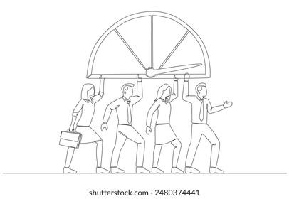 Dibujo continuo de una línea de personas de negocios llevando medidor de rendimiento con puntero al máximo valor, maximizando la eficiencia del concepto de equipo de negocios, arte de una sola línea.