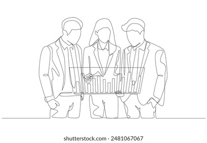 Continuous one line drawing of business people standing to analyze graph in front of them, business analytics, stock market forecasting team concept, single line art.