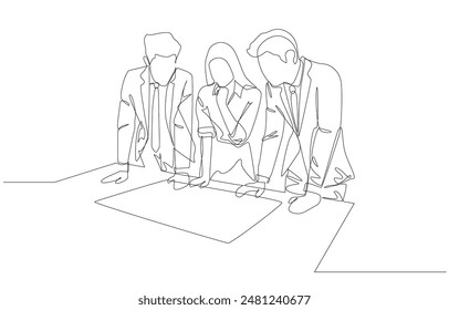 Dibujo continuo de una línea de personas de negocios discutiendo el trabajo en la mesa, discusión sobre el trabajo en concepto de oficina, arte de una sola línea.
