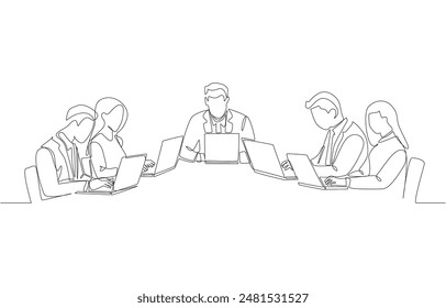 Continuous one line drawing of business manager having project meeting with employees, business meeting, teamwork on project concept, single line art.