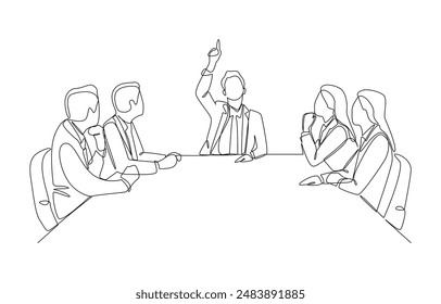 Continuous one line drawing of business manager pointing finger up gesture to show employees, business meeting, team vision concept, single line art.