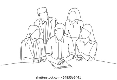 Continuous one line drawing of business manager reviewing marketing plan to team members, brief business plan summary concept, single line art.