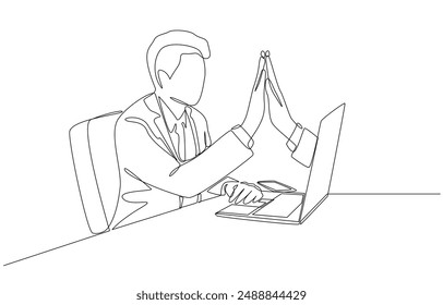 Continuous one line drawing of business colleagues giving high five through laptop screen, virtual high five gesture to agree to work together concept, single line art.