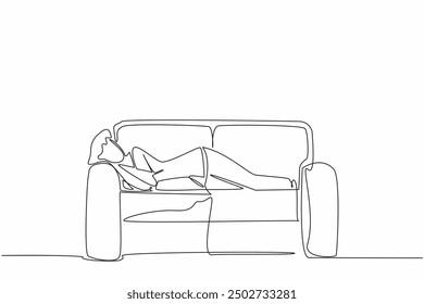 Continuo una línea de dibujo de mujer de negocios durmiendo en el sofá.  Tomar un descanso despeja la mente. Relajar los músculos rígidos. Sobrecarga de trabajo. Día Nacional de la Siesta. Ilustración vectorial de diseño de dibujo de línea única