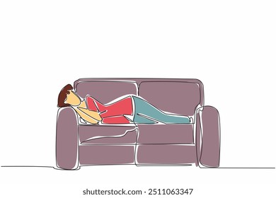 Continuo una línea de dibujo de mujer de negocios durmiendo en el sofá.  Tomar un descanso despeja la mente. Relajar los músculos rígidos. Sobrecarga de trabajo. Día Nacional de la Siesta. Ilustración vectorial de diseño de dibujo de línea única