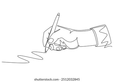 Continuous one line drawing of business man or woman hand gesture drawn straight zig zag line. Write long zigzag streak with pen on notepad concept. Single line draw design vector graphic illustration