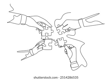 Kontinuierliche einzeilige Zeichnung der Mitglieder des Geschäftsteams vereinen Puzzleteile zu einem als Symbol für Teambildung. Teamwork-Konzept für Büroangestellte. Vektorgrafik mit einfarbiger Zeichnung