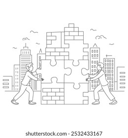 Continuous one line drawing of business people connecting jigsaw puzzle, working together, teamwork to solve problem concept, single line art.