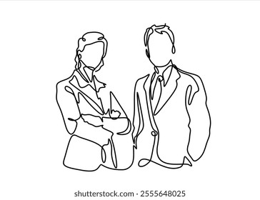 continuous one line drawing of business people, businesswoman and businessman line art vector illustration
