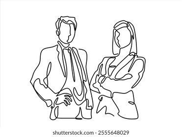 continuous one line drawing of business people, businesswoman and businessman line art vector illustration