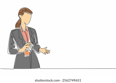 Continuous one line drawing a business woman sprays perfume on the palm of her hand. Gives off a very calming aroma. Stress reliever. National Perfume Day. Single line draw design vector illustration