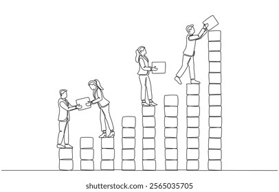 Continuous one line drawing of business team members arranging wooden cubes to form ascending bar chart, teamwork and cooperation for business growth concept, single line art