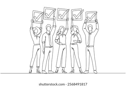 Continuous one line drawing of business team holding completed checkboxes, teamwork and project success, mission accomplished team concept, single line art