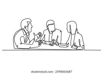 Continuous one line drawing of business meeting. Single line drawing illustration of Office workers meeting in office. Business plan concept vector art. Doodle line illustration.

