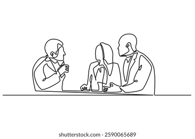 Continuous one line drawing of business meeting. Single line drawing illustration of Office workers meeting in office. Business plan concept vector art. Doodle line illustration.
