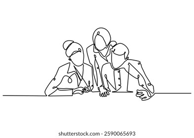 Continuous one line drawing of business meeting. Single line drawing illustration of Office workers meeting in office. Business plan concept vector art. Doodle line illustration.
