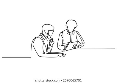 Continuous one line drawing of business meeting. Single line drawing illustration of Office workers meeting in office. Business plan concept vector art. Doodle line illustration.
