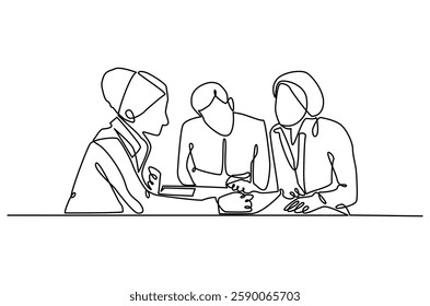 Continuous one line drawing of business meeting. Single line drawing illustration of Office workers meeting in office. Business plan concept vector art. Doodle line illustration.
