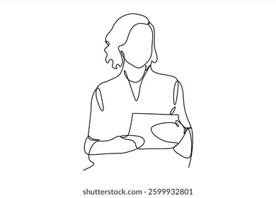continuous one line drawing Business woman using digital tablet and hand holding modern smart phone mockup businesswoman holding report design graphic vector illustration