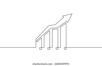 Continuous one line drawing of business growth chart. increasing arrow up. flat design success icon. Illustration vector of graph sign symbol. Single line art of bar 