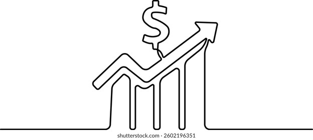 Continuous one line drawing of business growth icon with dollar sign vector illustration