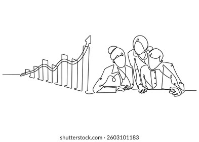 Continuous one line drawing of Business pople meeting with growing graph. Single line drawing illustration of Business Growth plan. Business concept vector art. Doodle line illustration.