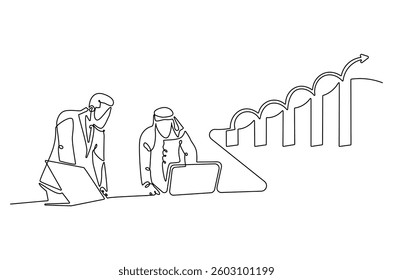 Continuous one line drawing of Business pople meeting with growing graph. Single line drawing illustration of Business Growth plan. Business concept vector art. Doodle line illustration.