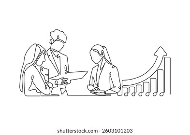 Continuous one line drawing of Business pople meeting with growing graph. Single line drawing illustration of Business Growth plan. Business concept vector art. Doodle line illustration.