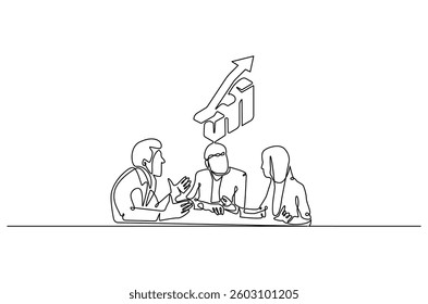Continuous one line drawing of Business pople meeting with growing graph. Single line drawing illustration of Business Growth plan. Business concept vector art. Doodle line illustration.
