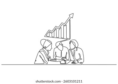 Continuous one line drawing of Business pople meeting with growing graph. Single line drawing illustration of Business Growth plan. Business concept vector art. Doodle line illustration.