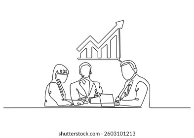 Continuous one line drawing of Business pople meeting with growing graph. Single line drawing illustration of Business Growth plan. Business concept vector art. Doodle line illustration.