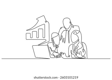 Continuous one line drawing of Business pople meeting with growing graph. Single line drawing illustration of Business Growth plan. Business concept vector art. Doodle line illustration.