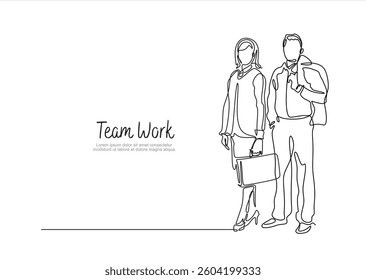 Continuous one line drawing of business people, businesswoman and businessman line art vector illustration. Business teamwork concept.Editable stroke. Doodle vector illustration	