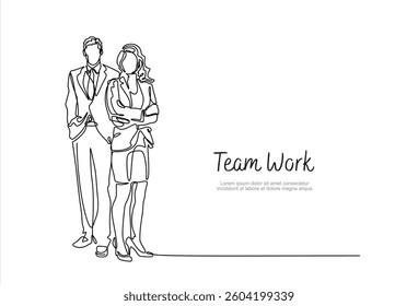 Continuous one line drawing of business people, businesswoman and businessman line art vector illustration. Business teamwork concept.Editable stroke. Doodle vector illustration	