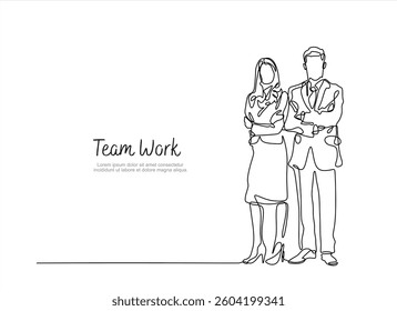 Continuous one line drawing of business people, businesswoman and businessman line art vector illustration. Business teamwork concept.Editable stroke. Doodle vector illustration	