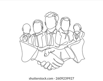 Continuous one line drawing, business partners, clients shaking hands, concluding a deal, an agreement. Business concept. Editable stroke. Doodle vector illustration