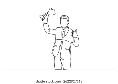 Dibujo continuo de una línea del hombre de negocios que sostiene la taza del trofeo. Ilustración de dibujo de una sola línea de hombre joven con trofeo. Arte vectorial de concepto de logro. Ilustración de línea Doodle.