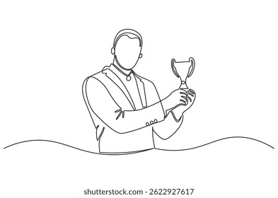 Desenho contínuo de uma linha de homem de negócios segurando a taça de troféu. Ilustração de desenho de linha única de Jovem segurando troféu. Conquista conceito vetor arte. Desenho ilustração linha.