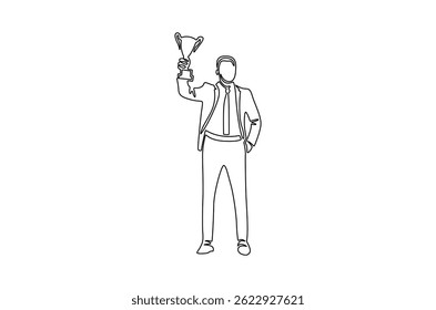 Continuous one line drawing of Business man holding up trophy cup. Single line drawing illustration of Young man holding trophy. Achievement concept vector art. Doodle line illustration.
