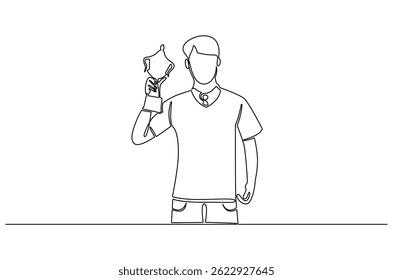 Continuous one line drawing of Business man holding up trophy cup. Single line drawing illustration of Young man holding trophy. Achievement concept vector art. Doodle line illustration.