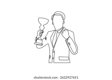 Continuous one line drawing of Business man holding up trophy cup. Single line drawing illustration of Young man holding trophy. Achievement concept vector art. Doodle line illustration.