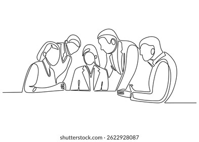 Continuous one line drawing of business meeting. Single line drawing illustration of Discussion in a conference meeting. Business strategy concept vector art. Doodle line illustration.
