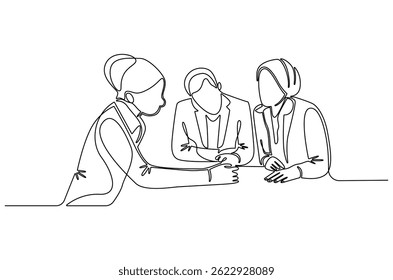 Continuous one line drawing of business meeting. Single line drawing illustration of Discussion in a conference meeting. Business strategy concept vector art. Doodle line illustration.
