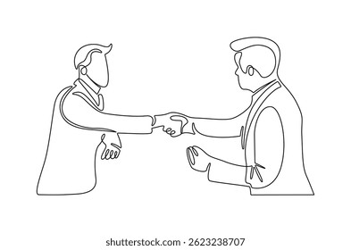 Continuous one line drawing of Business people do a negotiation. Single line drawing illustration of Business deal. Art of negotiation concept vector art. Doodle line illustration.
