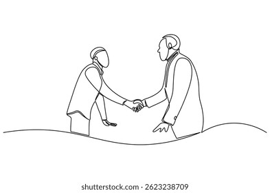 Um desenho contínuo de uma linha de pessoas de negócios fazem uma negociação. Ilustração de desenho de linha única de negócio. Arte da negociação conceito vetor arte. Desenho ilustração linha.